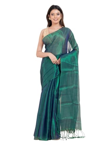 Image of Women's Tissue Cotton Saree | Plain Lightweight Tassel Pallu Saree with Blouse