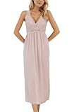 Mist Azur Nightgown Women Sleepwear Long V neck Chemise Lace Sleeveless Sleep Dress for women Elegant (Pink M)