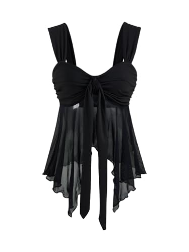 Milumia Women's Asymmetrical Flowy Tank Top Y2k Tie Front Sweetheart Neck Sheer Mesh Tops Rave