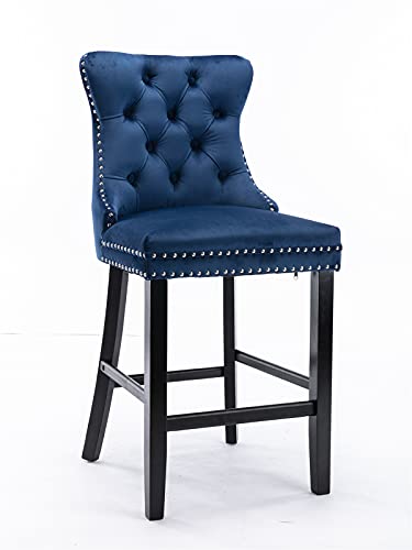 Meiboall 27" Blue Velvet Counter Height Chairs Set Of 4 With Back Upholstered, Wooden Legs, Button & Chrome Nailhead Trim, Contemporary Modern Kitchen Island Chairs Set Of 4 Tufted Bar Stools #TOP3