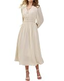 Anniente Women's Chiffon Long Sleeve Flowy Dress Spring 2025 Casual V Neck Smocked Waist Midi Dresses with Pockets Beige