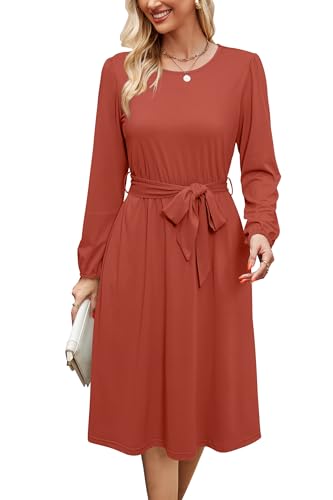 Image of Newshows Womens Long Sleeve Casual Dresses 2025 Business Work Teacher Fall Church Belted A Line Flowy Midi Dress