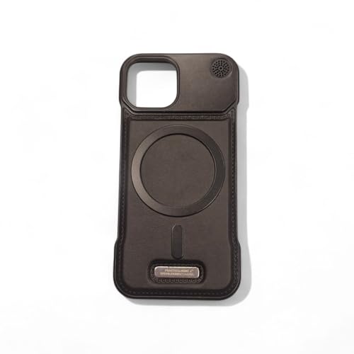 Image of Frameless Metal Case Compatible with MagSafe Luxury Aluminum Frame with PU Leather Finish Magnetic Ring with Wireless Charging Shockproof Premium Slim Case (Black, iPhone 14)