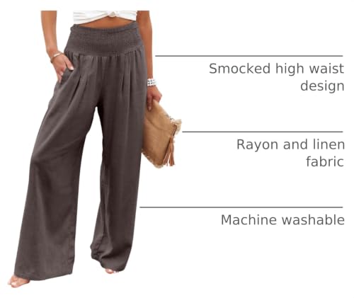 Image of ANRABESS Women Linen Palazzo Wide Leg Pants with Pockets | Smocked High Waist，Comfort Casual Flowy Pants，Lounge Everyday Wear，Summer Boho Cute，2026 Beach Travel Vacation Outfits