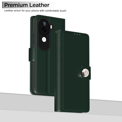 Image of Pikkme Flip Cover Leather Finish | Inside TPU with Card Pockets | Wallet Stand and Shock Proof | Complete Protection Button Flip Case for Vivo V40e 5G / iQOO Z9s 5G(Green)