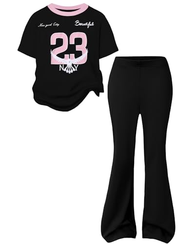 Image of Girls 2 Piece Outfit Colorblock Short Sleeve Graphic Tee & Flared Pants Casual Summer Clothes Set for Age 6-14