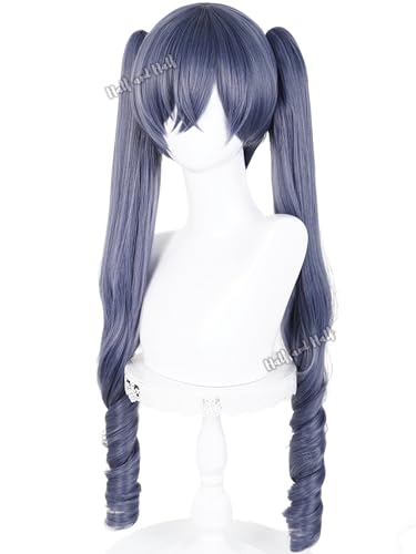 Image of Half and Half Long Curly Deep Gray Blue Ponytail Wigs for Anime Butler Cosplay Dark Gray Twin Tails Costume Wigs for Women Halloween Party Daily