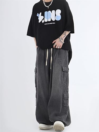 chouyatou Men's Wide Leg Baggy Denim Pants Drawstring Elastic Waist Y2k Street Cargo Jeans with Pockets3