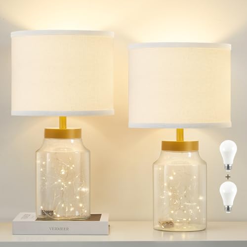 GyroVu Fillable Table Lamp Bedside Lamp with Clear Glass Fillable Lamp Nightstand Lamp for Living Room Bedrooms Office Bulbs Included(Gold+White Lampshade)