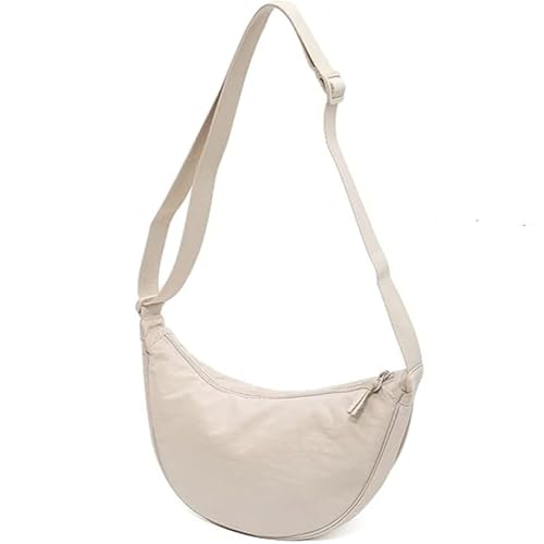 Bolsa Transversal Feminina Meia-Lua em Nylon Off White com Zíper, Alça Ajustável e Bolsos Internos – Tiracolo Moderna para Dia a Dia, Trabalho, Viagem e Passeios