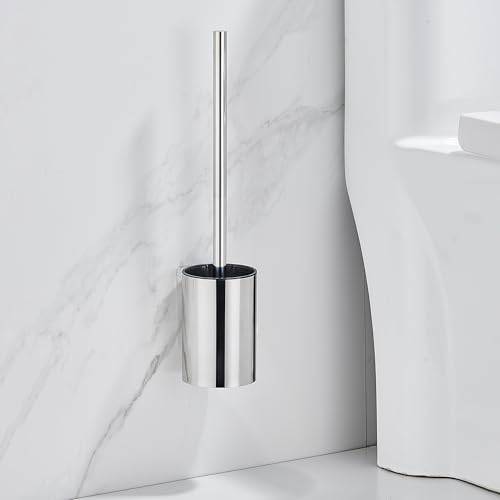 DUFU Scopino per Bagno, Set Scovolino WC con Manico in Acciaio Inox, Portaspazzolone a Parete Autoadesivo Trasparente, 2 Testine Morbide, Colore Argento