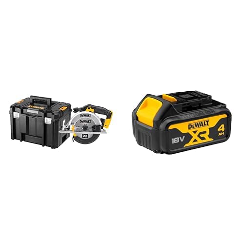 DEWALT - Scie Circulaire XR 18V - Scie Circulaire sans Fil avec Coffret TSTAK - 3700 trs/min - Lame Carbure 24 Dents 165 mm & Batterie XR 18V 4 Ah Li-Ion - DCB182-XJ - Témoin de Charge Lumineux