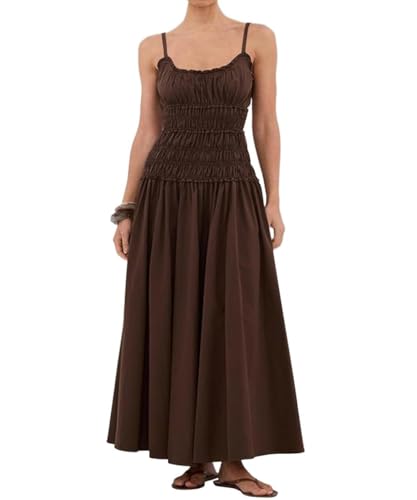 Women Spaghetti Strap Maxi Dress Sleeveless Scoop Neck Smocked Ruffle Tiered Elastic Long Summer Casual Sundress