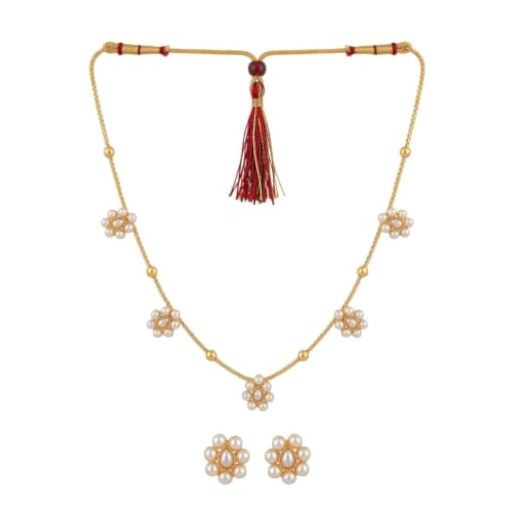 Women's Pearl Flower Necklace Set with Tassel Closure