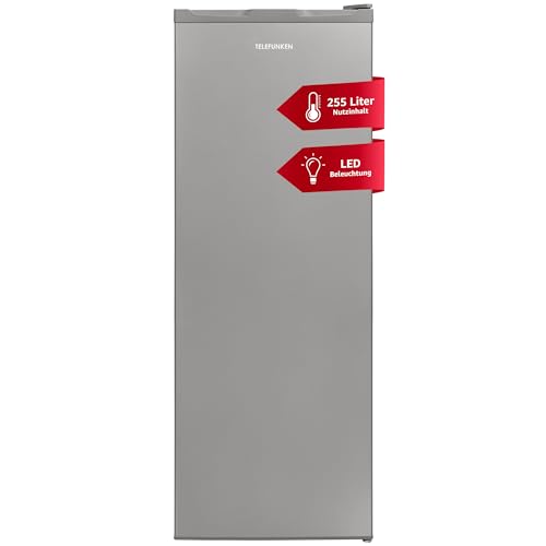 TELEFUNKEN Kühlschrank ohne Gefrierfach 255 Liter | Standkühlschrank groß | Vollraumkühlschrank freistehend mit Gemüsefach | LED-Beleuchtung | Türanschlag wechselbar | KTFK265ES2 silber