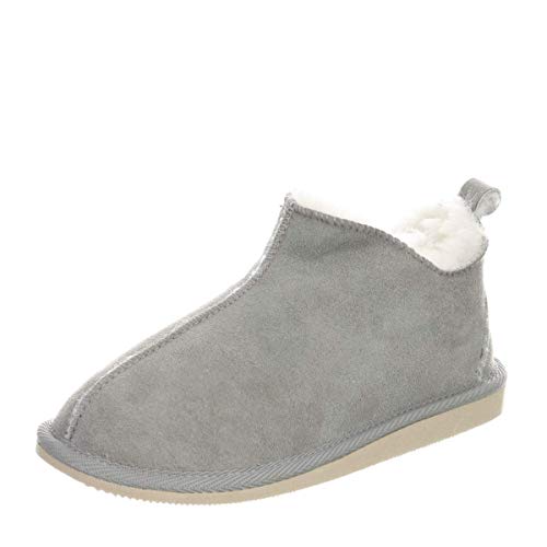 Hollert Herren Lammfell Hausschuhe Prinz Fellschuhe 100% Merino Schaffell für Wohlgefühl - warm, atmungsaktiv Schuhgröße EUR 43, Farbe Grau/Weiß