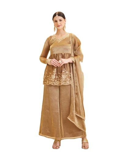 Image of MOKOSH Women's Silk Embroidered Peplum Kurta Set with Sharara & Dupatta