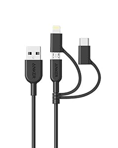 Anker PowerLine II 3-in-1 Cable, Lightning/Type C/Micro USB Cable for iPhone, iPad, HTC, LG, Samsung Galaxy, Sony Xperia, Android Smartphones, and More(3ft / 0.9m)