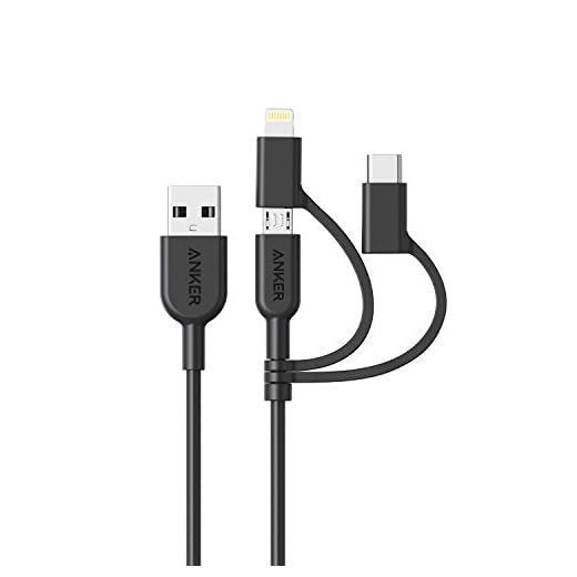 Anker PowerLine II 3-i-1-kabel, Lightning/Type C/Micro USB-kabel för iPhone, iPad, HTC, LG, Samsung Galaxy, Sony Xperia, Android-smartphones med mera (0,9 m/3 fot)