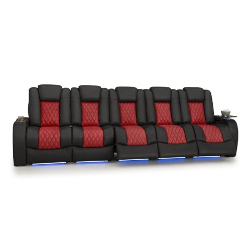 Image of Seatcraft Diamante Black /Red Italian Leather Home Theater Seating, Zero Gravity Power Recliner, Gaming and Home Office Chair, Powered Headrest Furniture for Family Cinema Room, Row of 5 Sofa