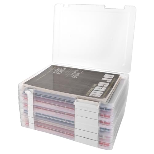 SHUESS Lot de 6 boîtes d'archivage A4 transparentes plates avec fermetures à clip, boîte d'archivage portable A4 en plastique avec couvercle, boîte à documents plate pour documents, magazines