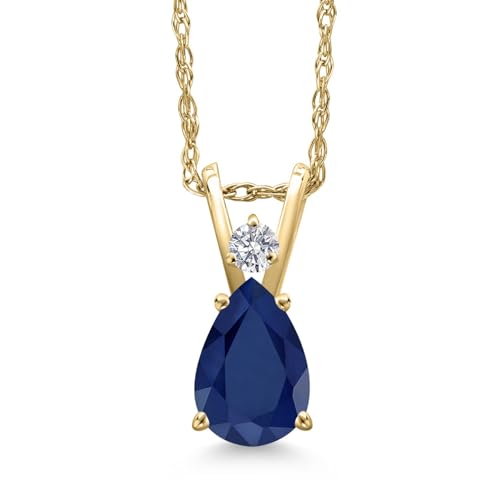 Gem Stone King 14K Yellow Gold Blue Sapphire and Lab Grown Diamond Pendant Necklace for Women | 0.91 Cttw | Gemstone September Birthstone | Pear Shape 7X5MM | With 18 Inch Chain