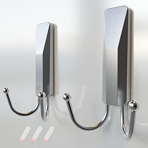 RICHER HOUSE Silver Double Wall Hooks for Hanging, 2 Pack Removable Adhesive Wall Hooks with 3 Strips, Organize Damage-Free Sticky Hooks, Plastic Utility Hooks Heavy Duty for Coat, Towel, Hat, Key