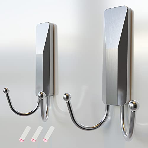 Richer House Silver Double Wall Hooks For Hanging, 2 Pack Removable Adhesive Wall Hooks With 3 Strips, Organize Damage-Free Sticky Hooks, Plastic Utility Hooks Heavy Duty For Coat, Towel, Hat, Key #TOP28