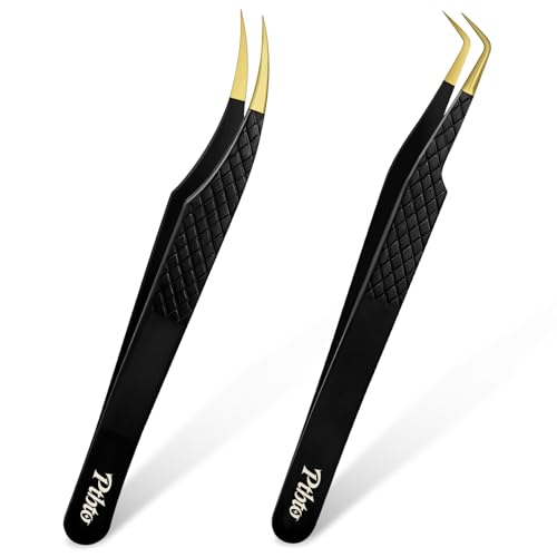 2 Pack Eyelash Extension Tweezers, Professional Pointed & Slanted Tweezers for Eyelash Lifting, Lash