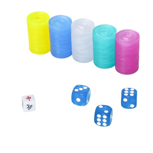 GUSTARIA Plastic Colored Mahjong Scoring Coins 100pcs Chips for Mahjong Games 5 ColorsRed Yellow Green Blue White with 1 Indicator and 3 dice