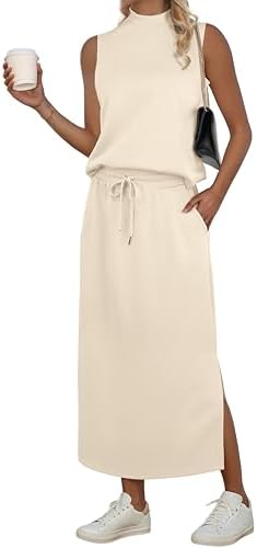 GRECERELLE Two Piece Skirt Sets for Women Sleeveless Mock Neck To...