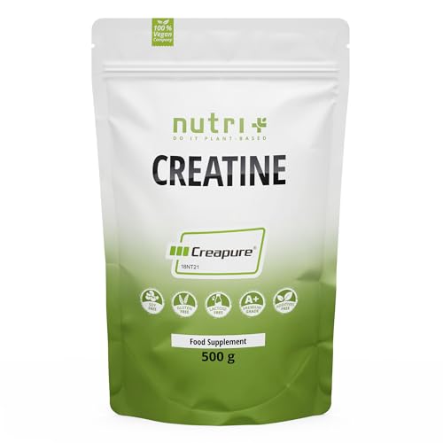 Nutri + Creapure 500g - Creatina monohidrato en Polvo - 99.99% puro - alta Dosificación - Creatina ultrafina neutra - vegan Creatine - producido en Alemania
