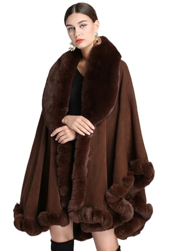 Image of Women Poncho Cape Faux Fur Collar Knitted Cardigan Sweater Batwing Long Sleeve Shawl Wrap Coat Oversized Cloak
