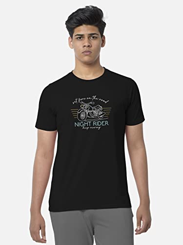 Image of BULLMER Black Trendy Typographic Printed Round Neck Half Sleeve Tshirt for Men