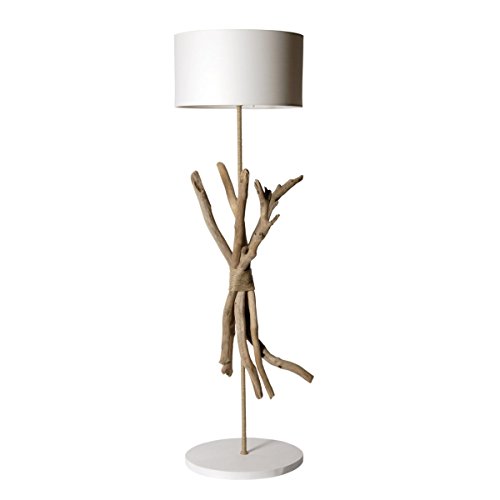 Lampe à pied artisanale en bois flotté naturel BLANC - Fabriqué à la main par un artisan Français - 100% matériaux naturels