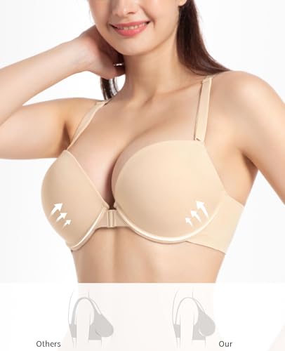 Image of YANDW Racerback Push Up Padded Bras for Women Add 2 Cup Front Closure Back Smoothing T Back Plunge Underwire Bra