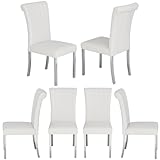 ACEDÉCOR Dining Chairs, White Leather Dining Chairs Set of 6, Upholstered Kitchen Room Chairs with Silver Stainless Steel Legs