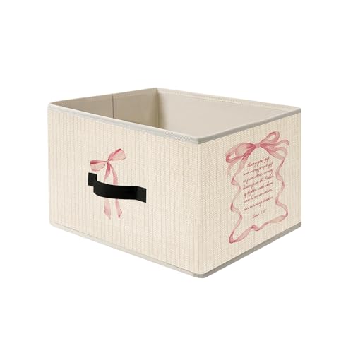 Image of Coquette Pink Bow Christian Storage Bins, Coquette Pink Bow Bible Verse James 1:17 Collapsible Fabric Storage Basket Organizer for Clothes Toys Books Girls Dorm Bedroom