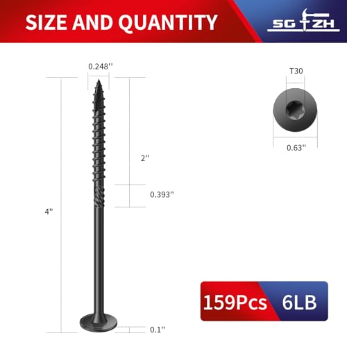 Image of #14 x 4 Inch Outdoor Structural Wood Deck Screws (159Pcs /6lb), Carbon Steel, Black, Flat Head, Rust Resistant Epoxy Coated, T30 Star Bit