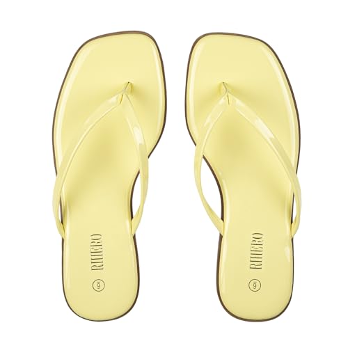 Image of Rihero Flip Flops for Women Comfortable Square Toe Beach Sandals Slip On Leather Thong Flat Sandals Dressy