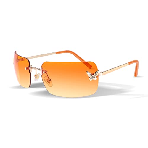 Rectangle Y2K Sunglasses For Women,Trendy Rimless Sunglasses Retro Square Vintage Shades (Orange Sunglasses) #TOP4