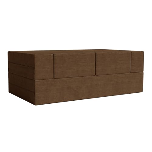 Image of Rosebell | 5x6 Ft C-Type Sofa Cum Bed | Jute Fabric with Washable Cover | Two Seater with Two Pouffe for Living Room & Office | Brown Color