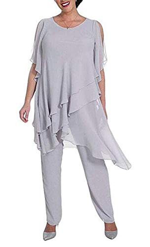 Women's Silver 2 Pieces Chiffon Outfit Pant Suits Mother of The Bride Pant Suits Evening Gowns Plus Size US18W
