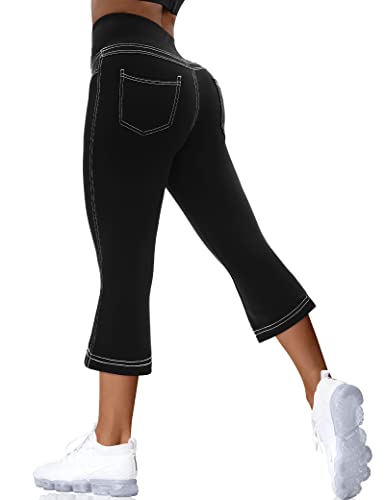 Vooveeya Women's Bootcut Leggings - Bootleg Yoga Pants Flare With 4 Pockets,Tummy Control High Waisted Casual Dress Pants（Capri Bootcut-Black-M） #TOP1