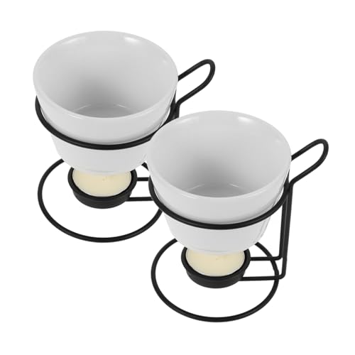 Mobestech 2-Piece Ceramic Butter Warmer Set Iron Stand Chocolate Fondue Pot Cheese Melting Supplies Tealight Burner for Kitchen and Home Use