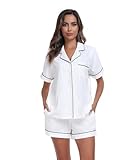 COLORFULLEAF Cotton Short Pyjamas Women Set Button Down PJ Set ladies Pyjamas Short Sleeve Sleepwear with Pockets(White,M)