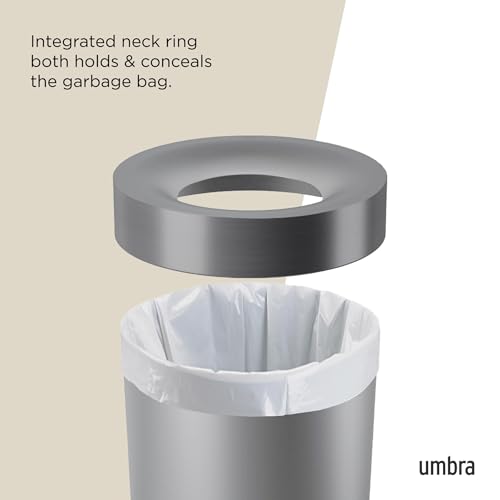 Image of Umbra Vento Kitchen Trash Can, Open Top Bin, 16.5 Gallon, Grey /Nickel | Brushed metal accents, bag concealing design, easy wipe clean, fits home and office, durable plastic