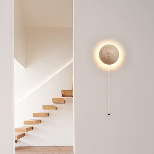 LLXDFUU Yellow Travertine Wall Lamp Creative Natural Pull Chain Switch Wall Lighting Fixture Wabi-Sabi Stone Wall Sconce Modern LED Bedside 3000K Bedside Living Room Wall Light Retro Decorative