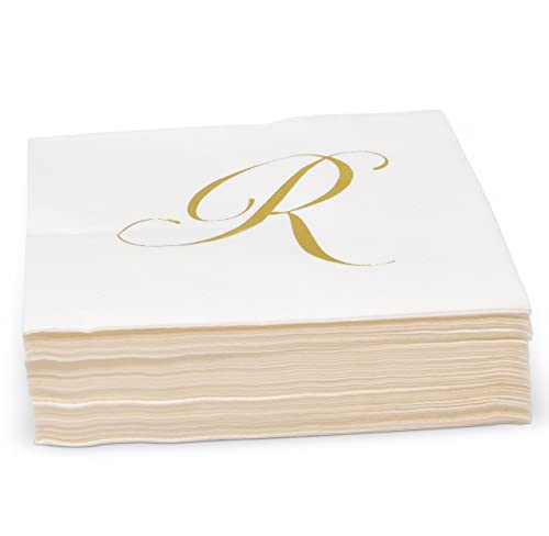 100 Gold Monogram Cocktail Napkins Letter R Disposable Paper Pack Elegant Metallic Golden Foil Hand Napkin For Powder Room Wedding Holiday Birthday Party Baby Shower Decorative Towels #TOP4
