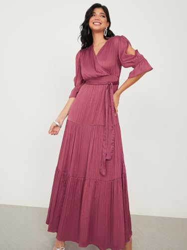 Image of Styli Women Dress V-Neck Party Occasion Slit Sleeves Self Design Tiered Dress | Stylish One Piece Long Dress for Women | Casual, Party